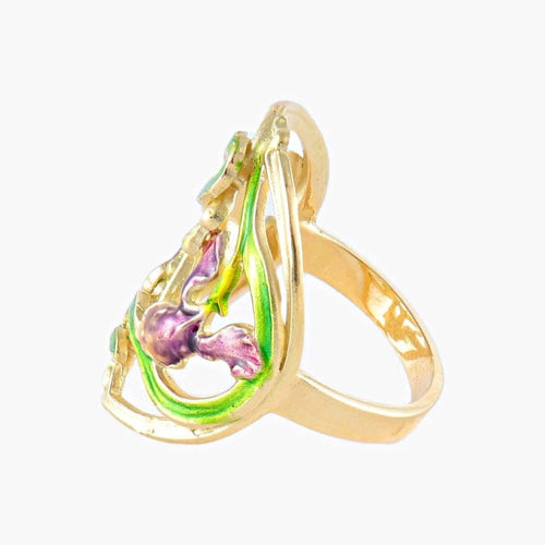 Bague 55 Bague style Art nouveau Iris en or jaune 18K et laque 58 Facettes