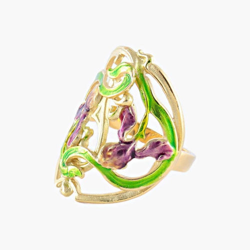 Bague 55 Bague style Art nouveau Iris en or jaune 18K et laque 58 Facettes