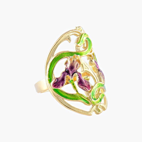 Bague 55 Bague style Art nouveau Iris en or jaune 18K et laque 58 Facettes
