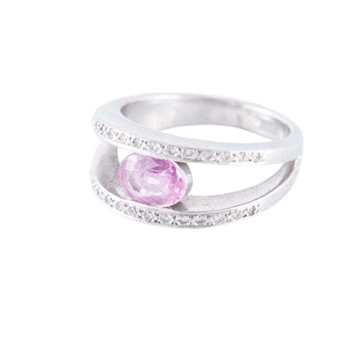 Bague 56.5 Bague solitaire double corps en or blanc 18 ct saphir rose et diamants 58 Facettes HS2436