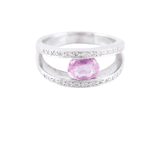 Bague 56.5 Bague solitaire double corps en or blanc 18 ct saphir rose et diamants 58 Facettes HS2436