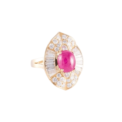 Bague 46 Bague style jupe en or jaune 18 ct, rubis cabochon et diamants 58 Facettes HS20852