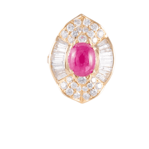 Bague 46 Bague style jupe en or jaune 18 ct, rubis cabochon et diamants 58 Facettes HS20852