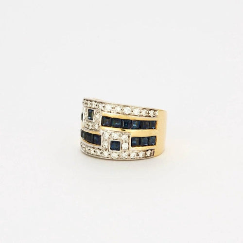 Bague 53 Bague bandeau motif géométrique en or bicolore 18 carats, saphirs, diamants 58 Facettes AB47