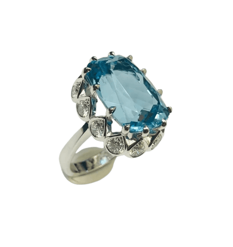 Bague 54 Bague en or gris palladié sertie d’une aigue-marine et diamants 58 Facettes 237737