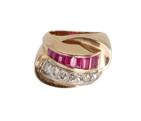 Bague 50 Bague Tank chevalière en or jaune, rubis et diamants 58 Facettes 248666
