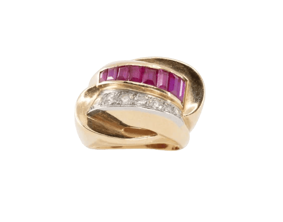Bague 50 Bague Tank chevalière en or jaune, rubis et diamants 58 Facettes 248666
