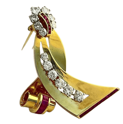 Broche Paul N Lackritz - Broche ruban rétro en or jaune, rubis et diamants 58 Facettes 248596
