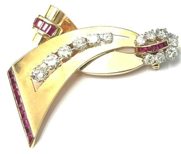 Broche Paul N Lackritz - Broche ruban rétro en or jaune, rubis et diamants 58 Facettes 248596