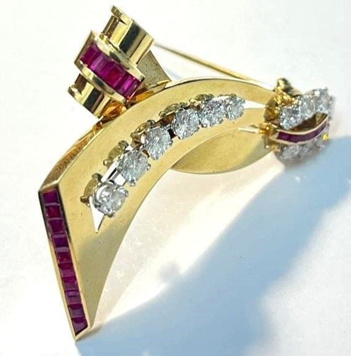 Broche Paul N Lackritz - Broche ruban rétro en or jaune, rubis et diamants 58 Facettes 248596