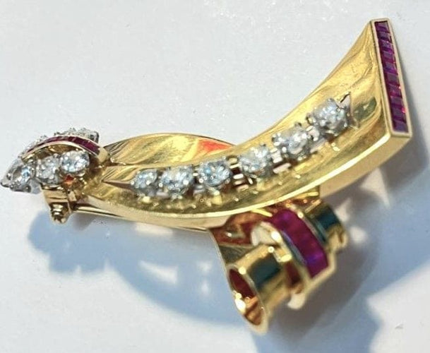 Broche Paul N Lackritz - Broche ruban rétro en or jaune, rubis et diamants 58 Facettes 248596