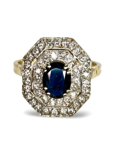 Bague 58 Bague en or jaune 18K avec saphir 1 ct et diamants 0,42 ct 58 Facettes 1603