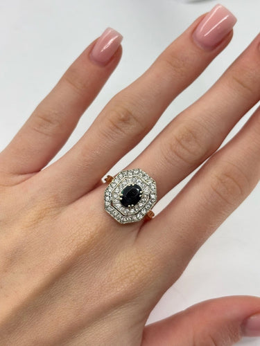 Bague 58 Bague en or jaune 18K avec saphir 1 ct et diamants 0,42 ct 58 Facettes 1603
