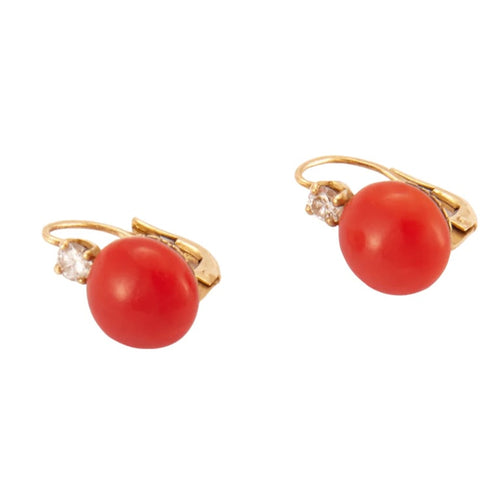 Boucles d'oreilles Dormeuses en or jaune 18K avec corail et diamants 58 Facettes