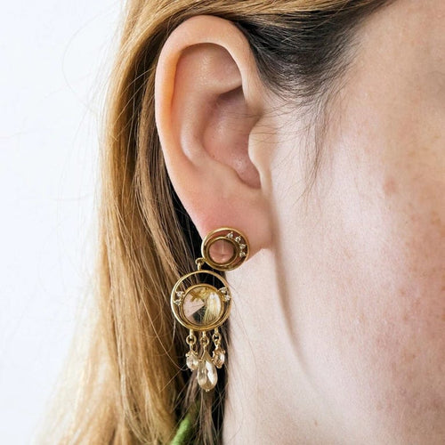Boucles d'oreilles Boucles d’oreilles pendantes - Or jaune 18 carats, quartz cheveux de Vénus 58 Facettes
