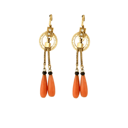 Boucles d'oreilles Boucles d’oreilles pendantes Napoléon III en or jaune 18 carats, corail 58 Facettes