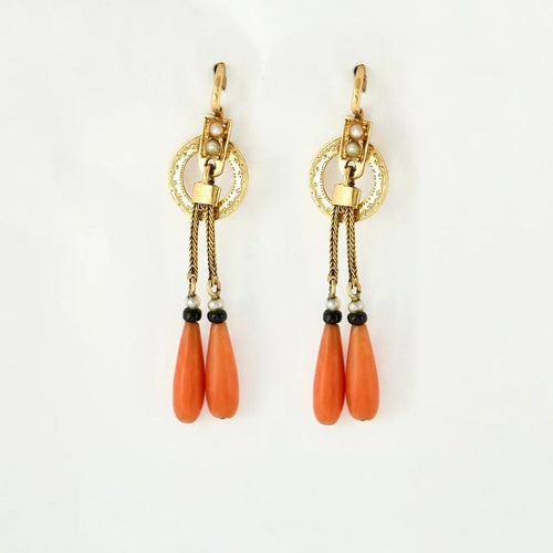Boucles d'oreilles Boucles d’oreilles pendantes Napoléon III en or jaune 18 carats, corail 58 Facettes