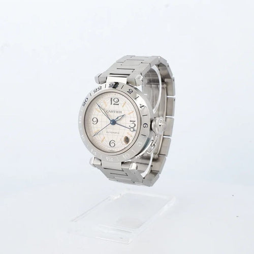 Montre Cartier Pasha GMT - Montre en acier cadran ivoire à chiffres arabes 58 Facettes
