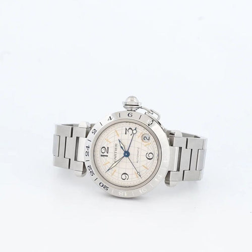 Montre Cartier Pasha GMT - Montre en acier cadran ivoire à chiffres arabes 58 Facettes
