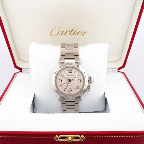 Montre Cartier Pasha GMT - Montre en acier cadran ivoire à chiffres arabes 58 Facettes