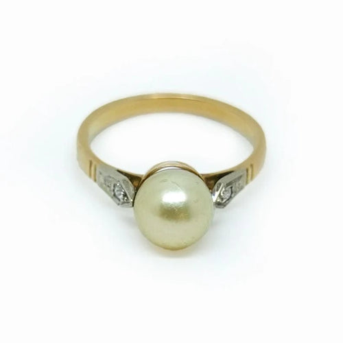 Bague 53 Bague en or jaune avec perle de culture et diamants 58 Facettes