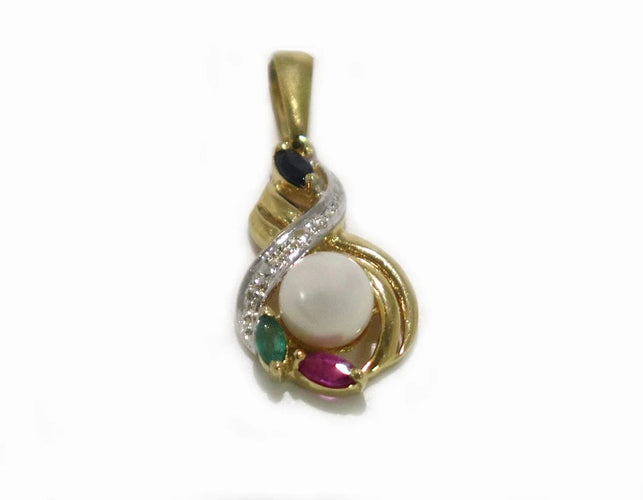 Pendentif Pendentif vintage en or jaune 18 carats, perles, émeraude, saphir et rubis 58 Facettes