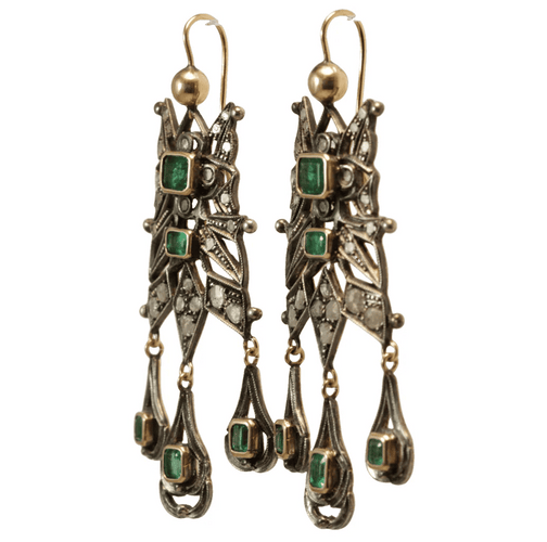 Boucles d'oreilles Boucles d'oreilles catalanes anciennes en or 14 carats, diamants et émeraudes 58 Facettes 7686