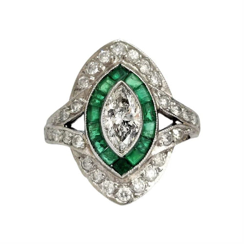 Bague 55 Art Déco - Bague marquise en platine, émeraudes et diamants 58 Facettes 1-1141/2