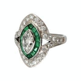 Bague 55 Art Déco - Bague marquise en platine, émeraudes et diamants 58 Facettes 1-1141/2