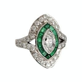 Bague 55 Art Déco - Bague marquise en platine, émeraudes et diamants 58 Facettes 1-1141/2