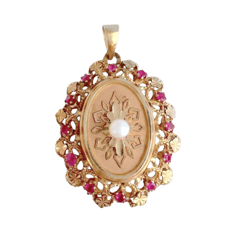 Pendentif Pendentif médaillon vintage en or rose 18K avec perle et rubis synthétiques 58 Facettes 1753