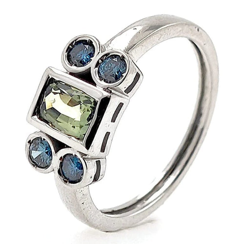 Bague 53 Bague en or blanc 18 carats avec saphir vert et diamants 58 Facettes AO-0008
