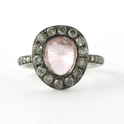 Bague 50 Bague en or blanc 18 carats avec quartz rose et diamants 58 Facettes