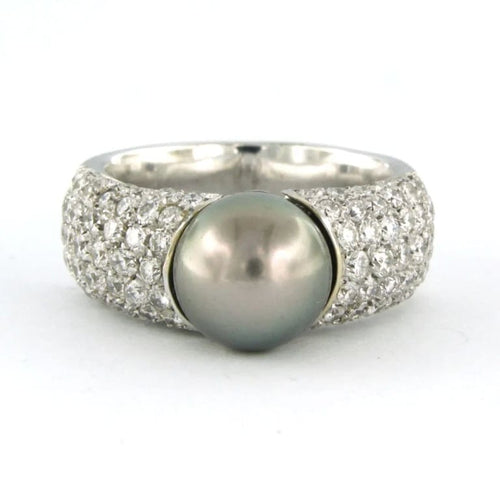 Bague 55 Bague en or blanc 18 carats avec perle de Tahiti et diamants 58 Facettes