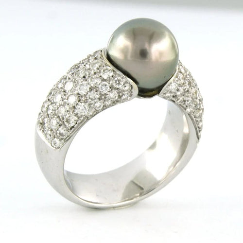 Bague 55 Bague en or blanc 18 carats avec perle de Tahiti et diamants 58 Facettes