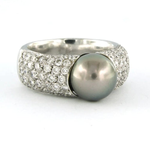 Bague 55 Bague en or blanc 18 carats avec perle de Tahiti et diamants 58 Facettes