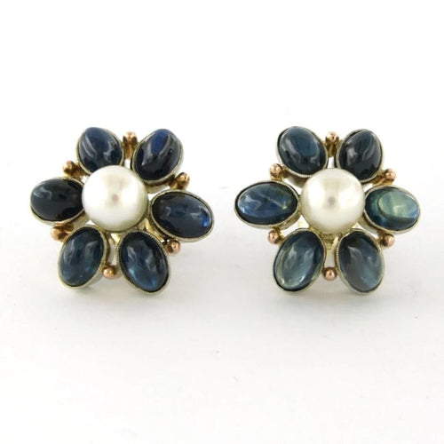Boucles d'oreilles Boucles d’oreilles puces en or bicolore 14 carats avec perles et saphirs 58 Facettes