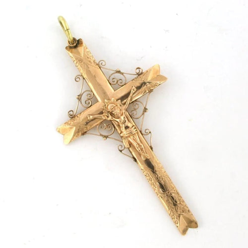 Pendentif Pendentif croix avec Jésus en or rose 14 carats 58 Facettes