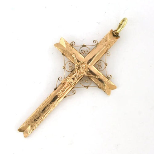 Pendentif Pendentif croix avec Jésus en or rose 14 carats 58 Facettes
