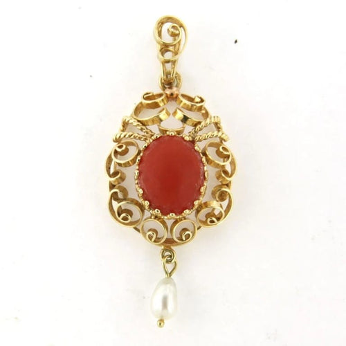 Pendentif Pendentif en or jaune 14 carats serti de corail et perle 58 Facettes