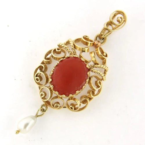 Pendentif Pendentif en or jaune 14 carats serti de corail et perle 58 Facettes