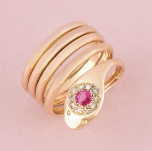 Bague 64-65 Bague serpent ancienne en or rose 18k, rubis et diamants 58 Facettes