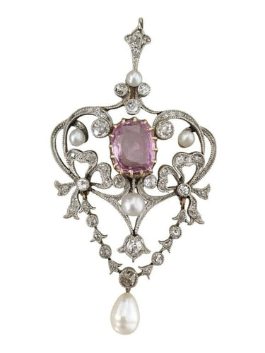 Pendentif Pendentif Belle Époque en or jaune 18K et platine, diamants, perles et saphir rose 58 Facettes