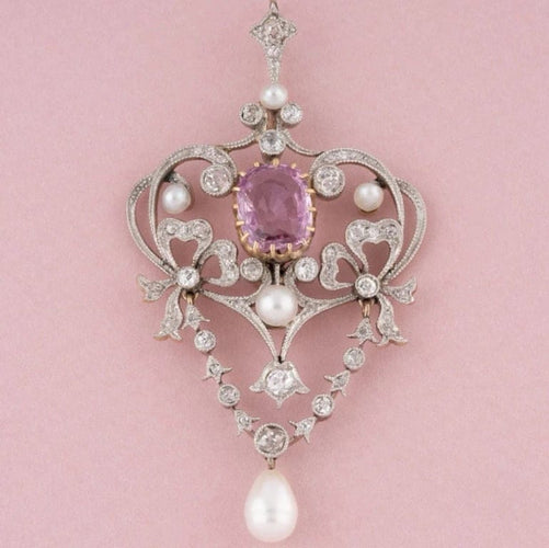 Pendentif Pendentif Belle Époque en or jaune 18K et platine, diamants, perles et saphir rose 58 Facettes