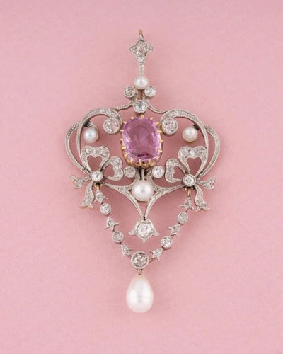 Pendentif Pendentif Belle Époque en or jaune 18K et platine, diamants, perles et saphir rose 58 Facettes