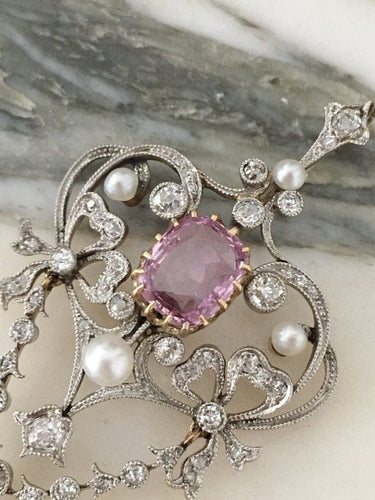 Pendentif Pendentif Belle Époque en or jaune 18K et platine, diamants, perles et saphir rose 58 Facettes