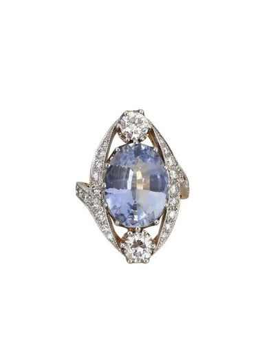 Bague 53 Bague Belle Époque en or jaune et blanc 18k, saphir de Ceylan et diamants 58 Facettes