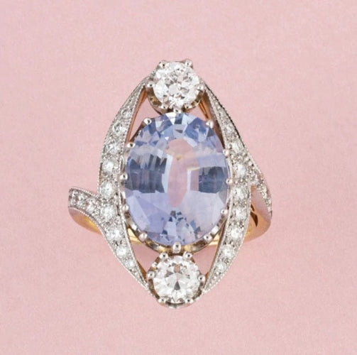 Bague 53 Bague Belle Époque en or jaune et blanc 18k, saphir de Ceylan et diamants 58 Facettes