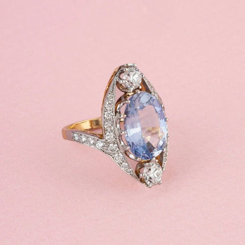 Bague 53 Bague Belle Époque en or jaune et blanc 18k, saphir de Ceylan et diamants 58 Facettes