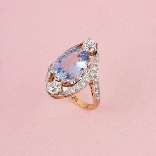 Bague 53 Bague Belle Époque en or jaune et blanc 18k, saphir de Ceylan et diamants 58 Facettes